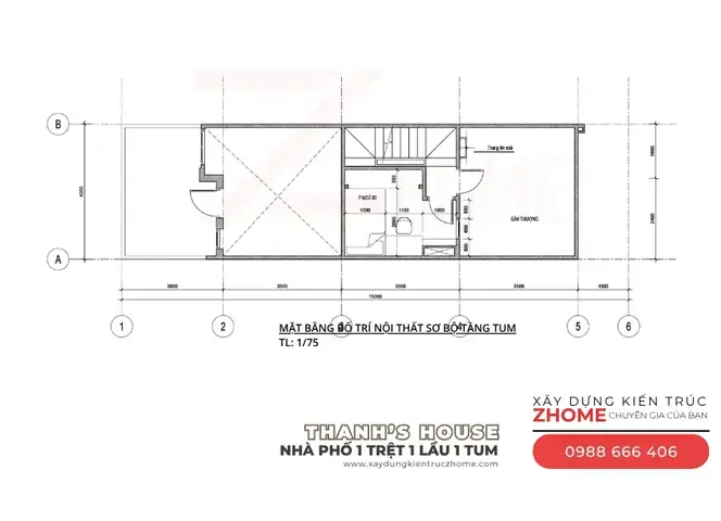 Mặt Bằng Bố Trí Nội Thất Nhà Phố Lệch Tầng 1 Trệt 1 Lầu 1 Tum