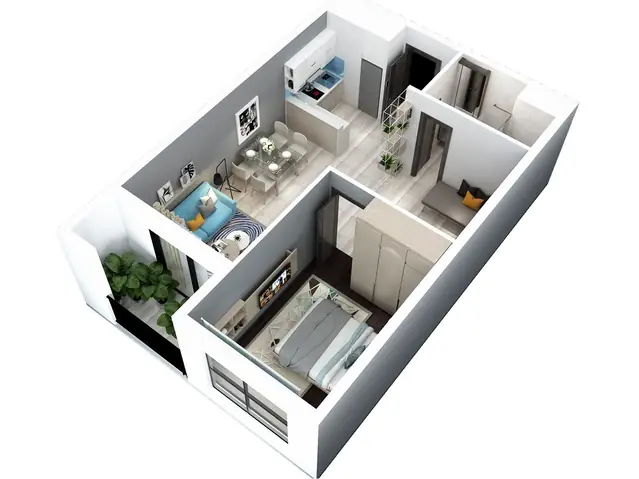 Bản Vẽ Mặt Bằng Và Phối Cảnh 3d Cho Căn Hộ 54m2 1 - 2 Phòng Ngủ