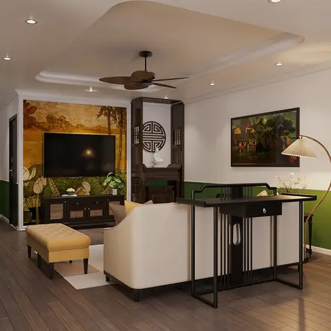 Phòng Khách Indochine Với Những Điểm Nhấn Màu Xanh Lá Cây