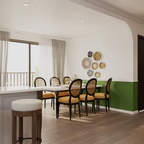 Phòng Ăn Được Đặt Cạnh Khung Cửa Kính Ngập Tràn Ánh Sáng Tự Nhiên. Không Gian Này Đủ Rộng Cho Những Bữa Tiệc Nhỏ Ấm Cúng Của Gia Đình.
