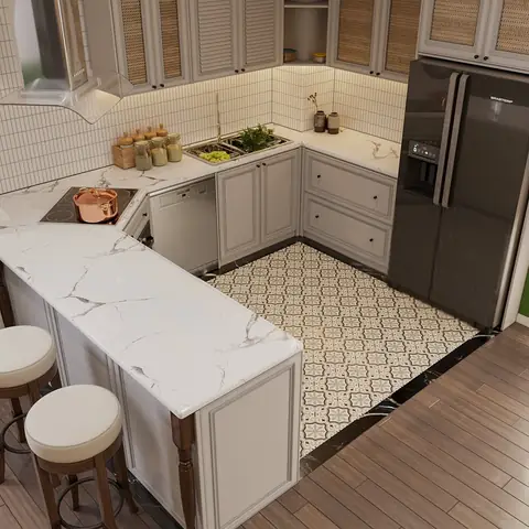 Mặt Bàn Bếp, Bar Mini Bằng Đá Cẩm Thạch Trắng Sang Trọng, Sạch Sẽ. Bếp Phân Tách Với Các Khu Vực Khác Bằng Chất Liệu, Họa Tiết Gạch Lát Sàn.