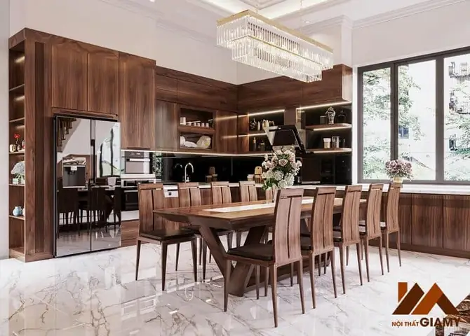2. Nội Thất Phòng Bếp Gỗ Óc Chó Đủ Tiện Nghi