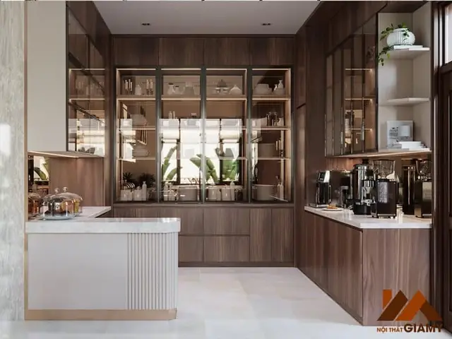 2. Nội Thất Phòng Bếp Gỗ Óc Chó Đủ Tiện Nghi