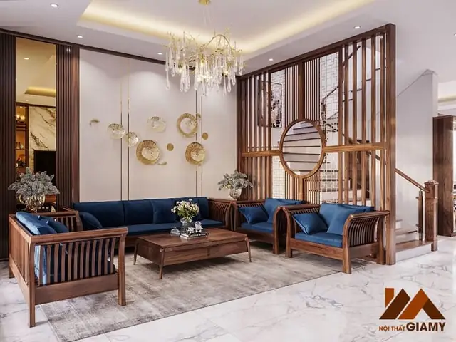 1. Thi Công Phòng Khách Nội Thất Gỗ Óc Chó Sang Trọng