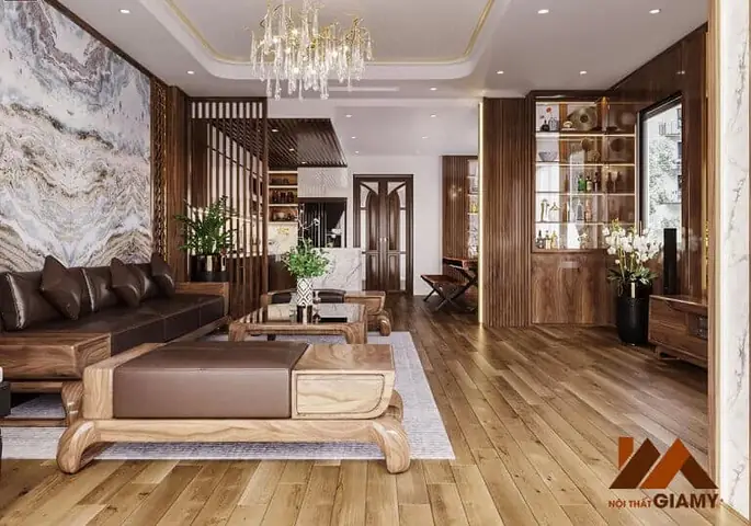 1. Thi Công Phòng Khách Nội Thất Gỗ Óc Chó Sang Trọng