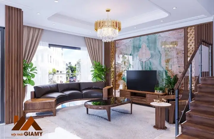 1. Thi Công Phòng Khách Nội Thất Gỗ Óc Chó Sang Trọng