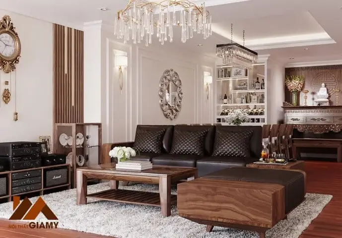 1. Thi Công Phòng Khách Nội Thất Gỗ Óc Chó Sang Trọng