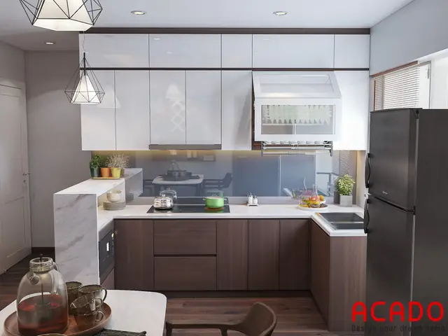 Khu Bếp Thiết Kế Bộ Tủ Bếp Chữ L Tận Dụng Không Gian Góc, Màu Trắng Kết Hợp Màu Vân Gỗ