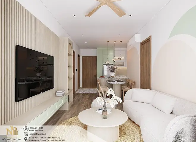 1. Thiết Kế Nội Thất Phòng Khách Liền Bếp Rộng 22m2 Nhà Chị Ngọc