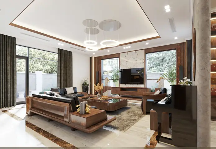 Thiết Kế Nội Thất Phòng Khách Hiện Đại Với Kệ Tivi Chữ Nhật, Sofa Gỗ Tự Nhiên Và Bàn Trà Mặt Kính Sang Trọng