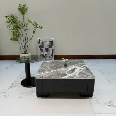 Bàn Trà Vuông Mặt Đá, Kết Hợp Bàn Phụ Mặt Kính Nhập Khẩu – Hiện Đại & Sang Trọng