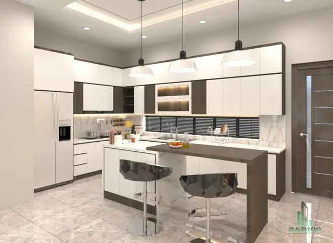 Khu Vực Bếp Rộng Kết Hợp Quày Đảo + Bàn Ăn Gia Đình Khu Vực Bếp Rộng Kết Hợp Quày Đảo + Bàn Ăn Gia Đình