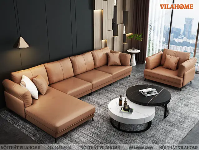MÃ¢Ìubá» sofa phÃ²ng khÃ¡ch gÃ³c da mÃ u nÃ¢u sÃ¡ng – GDF145