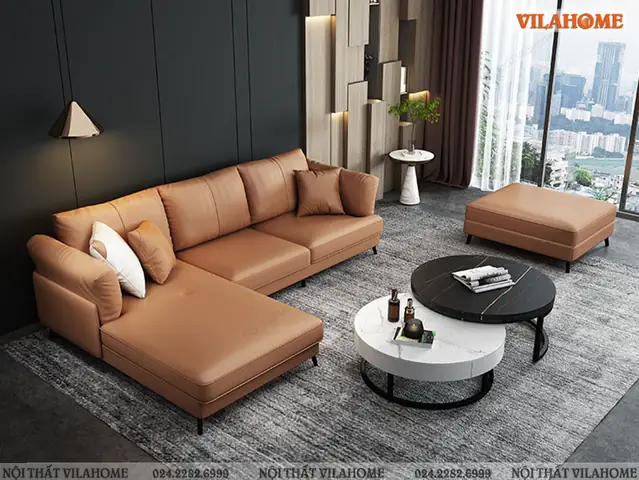 MÃ¢Ìubá» sofa phÃ²ng khÃ¡ch gÃ³c da mÃ u nÃ¢u sÃ¡ng – GDF145