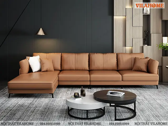 Bá» sofa phÃ²ng khÃ¡ch gÃ³c da mÃ u nÃ¢u sÃ¡ng