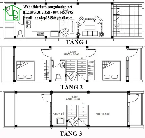Mặt bằng nội thất nhà phố 3 tầng 3.5x13m