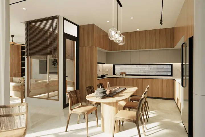 Khu vực bếp và phòng ăn sáng sủa, hiện đại