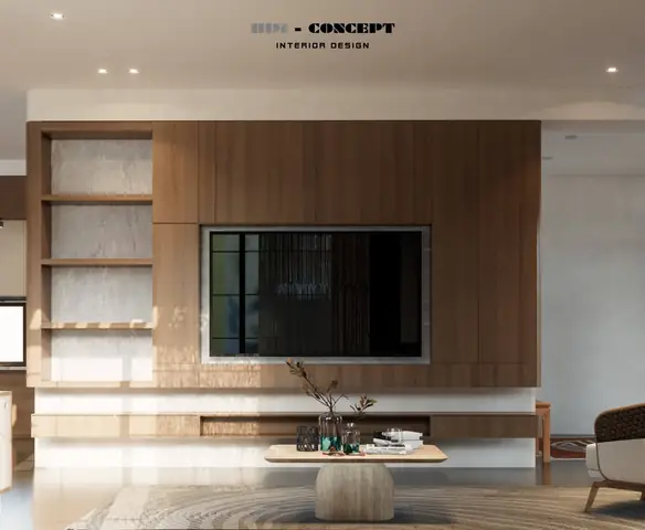 Kệ TV và vách ốp gỗ hiện đại với hệ thống chiếu sáng âm trần.