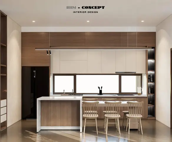 Góc bếp hiện đại với tủ lạnh và cửa sổ lớn.
