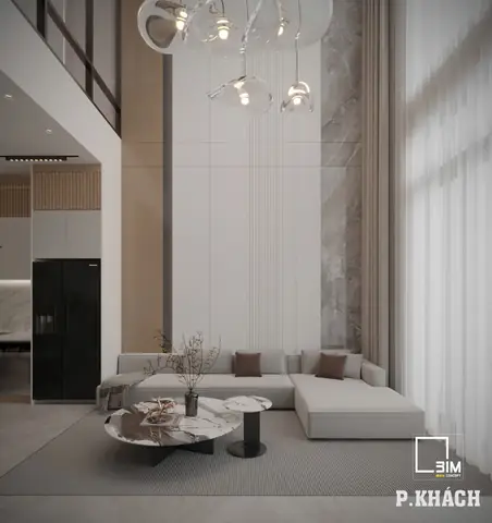 Thiết kế nội thất phòng khách hiện đại đá marble ấn tượng