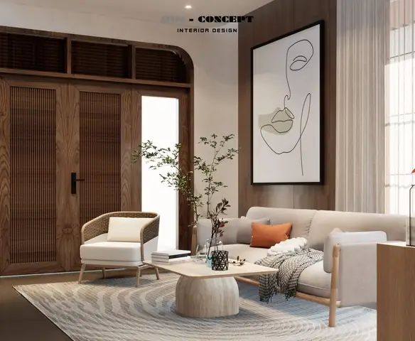 Góc nhìn tổng thể phòng khách với sofa, bàn trà và tranh trang trí.