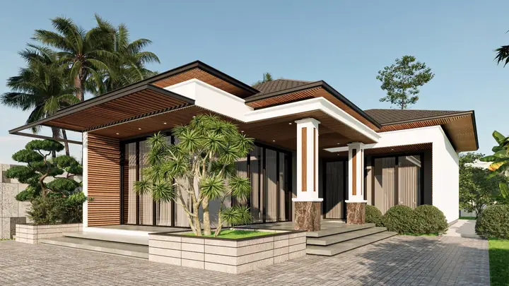 Mẫu nhà vườn cấp 4 với sảnh chính và cột trụ ốp đá