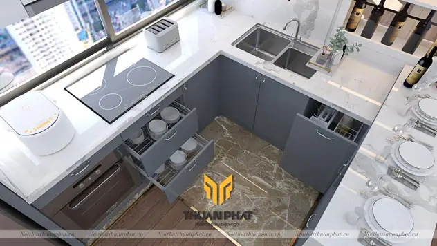 Thiết Kế Tủ Bếp Liền Không Gian Phòng Khách