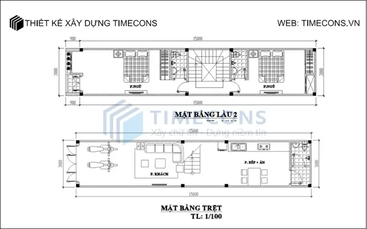 2.2. Bản Vẽ Nhà Ống 3x15m 2 Phòng Ngủ