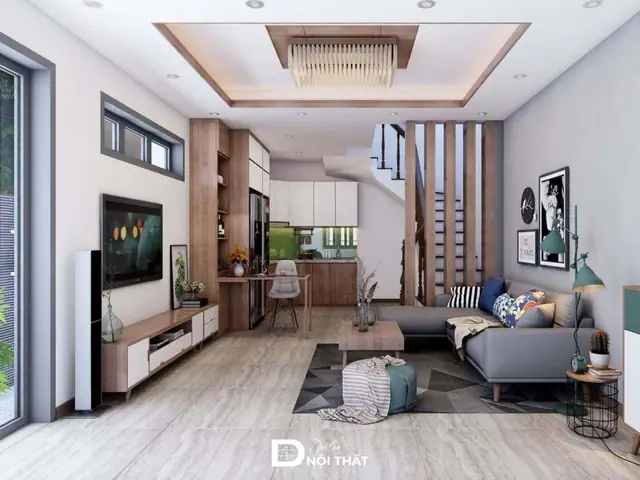 Mẫu Phòng Khách Gỗ Công Nghiệp Nhà Ống