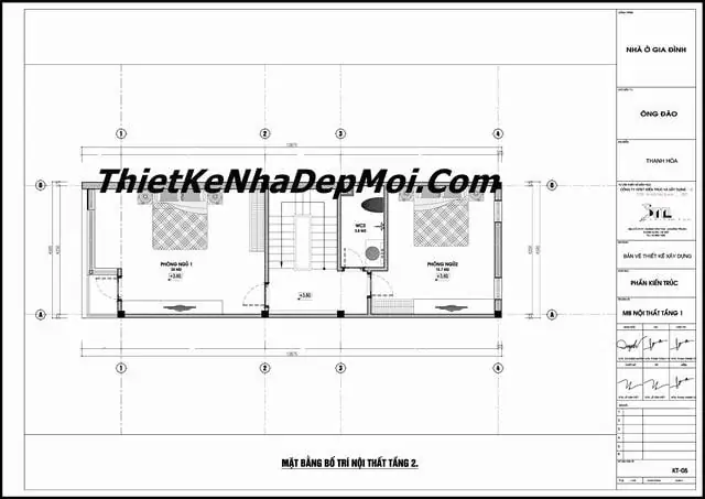 Mặt bằng mẫu nhà ống 2 tầng đẹp hiện đại có 2 phòng ngủ