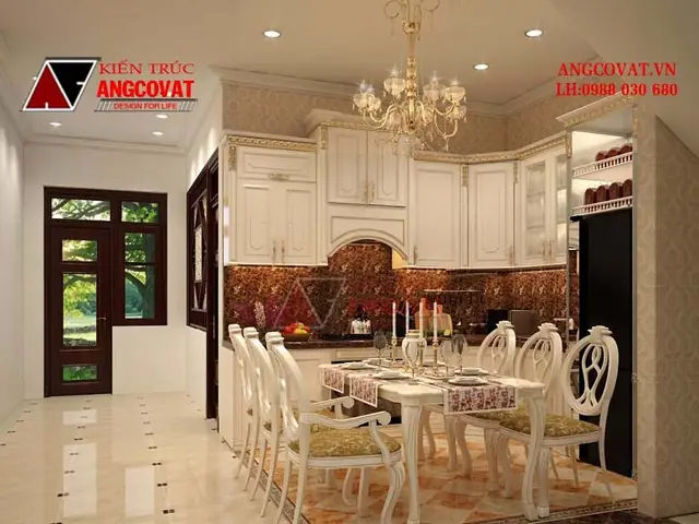 Mẫu 5: Vẻ Đẹp Xa Hoa, Lãng Mạn Phương Tây Thể Hiện Trong Cách Thiết Kế Nội Thất Phòng Bếp Nhà Ống Tân Cổ Điển