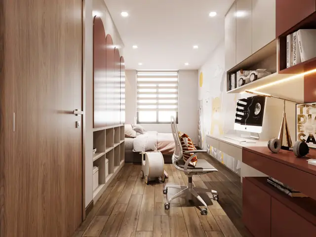 Tủ quần áo và bàn học được thiết kế thông minh, tiện ích, giúp bé có không gian lưu trữ và học tập thoải mái.
