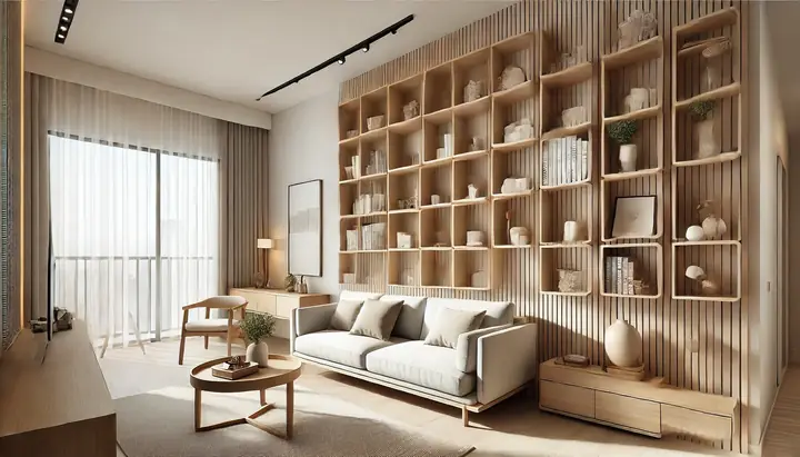 2.10 Sử dụng kệ gỗ treo tường trong phòng khách 2.10 Sử dụng kệ gỗ treo tường trong phòng khách
