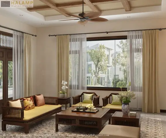 Thiết kế nội thất phòng khách biệt thự nhà vườn ở quê: mộc mạc tinh tế