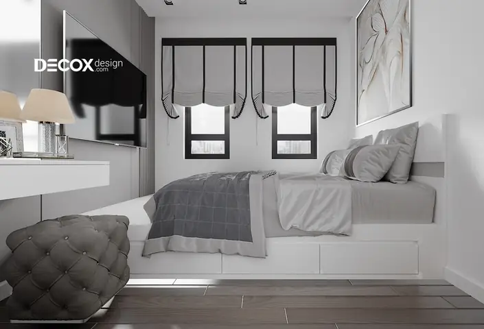 Phòng ngủ đẹp 7m2 đẹp gam màu chủ đạo xám trắng