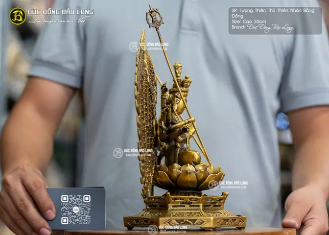 Tượng Phật Thiên Thủ Thiên Nhãn Bằng Đồng Vàng Cao 26cm Có Chất Lượng Hoàn Thiện Tốt, Độ Bền Cao