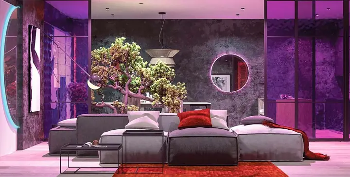 Thiết kế nội thất hiện đại với tông màu đỏ và xám theo phong cách Nhật Bản