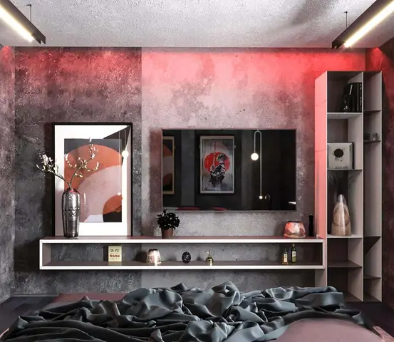 Thiết kế nội thất hiện đại với tông màu đỏ và xám theo phong cách Nhật Bản