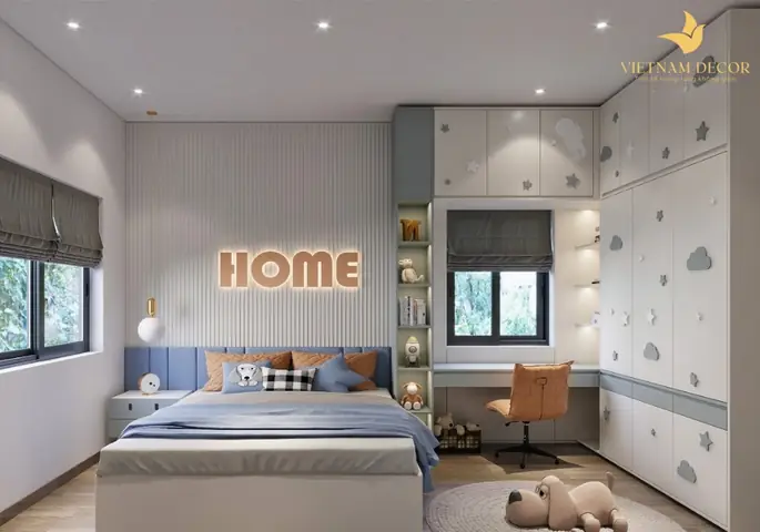 Mẫu thiết kế phòng ngủ trẻ em kết hợp với bàn học