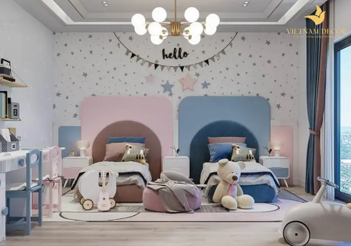 Mẫu thiết kế phòng ngủ đôi cho bé trai và bé gái
