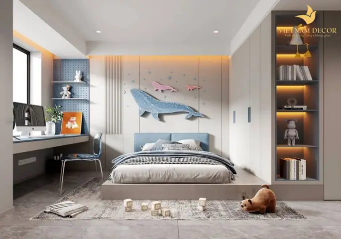 Mẫu thiết kế phòng ngủ trẻ em kết hợp với bàn học