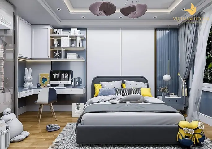 Mẫu thiết kế phòng ngủ trẻ em kết hợp với bàn học