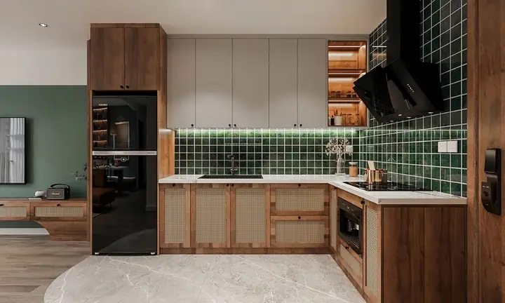 Tủ bếp chung cư màu gỗ mộc mạc