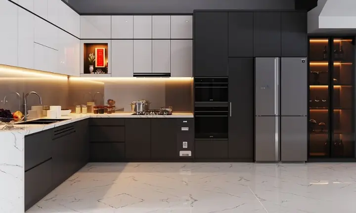 Tủ bếp chung cư phối màu tương phản trắng đen
