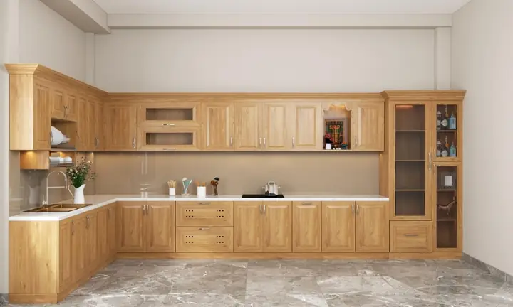 Tủ bếp chung cư treo tường hình chữ L màu gỗ