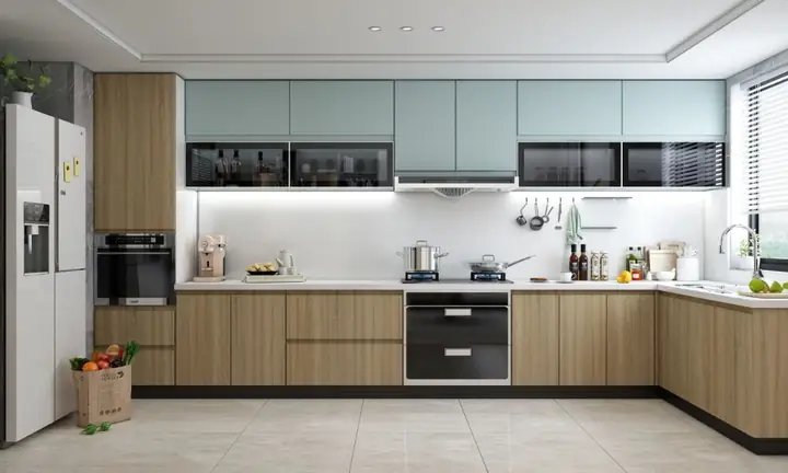 Tủ bếp chung cư treo tường hình chữ L màu gỗ