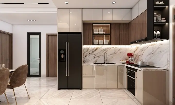 Mẫu tủ bếp chung cư chữ L hiện đại