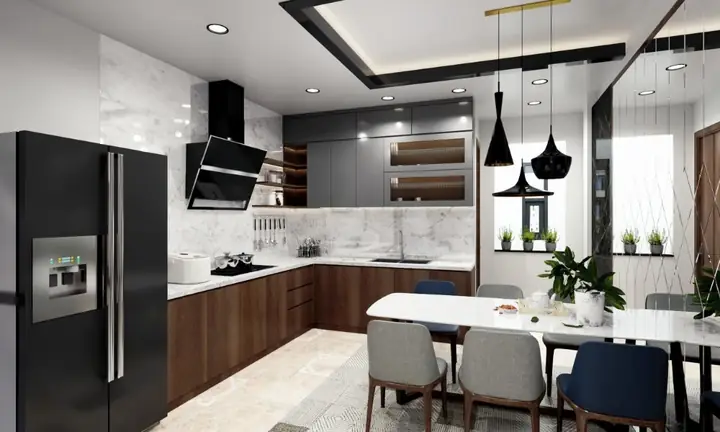 Tủ bếp chung cư treo tường hình chữ L màu gỗ