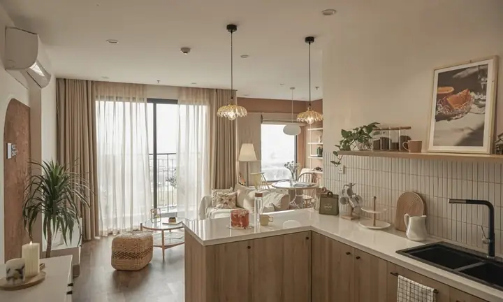 Tủ bếp chung cư màu gỗ mộc mạc