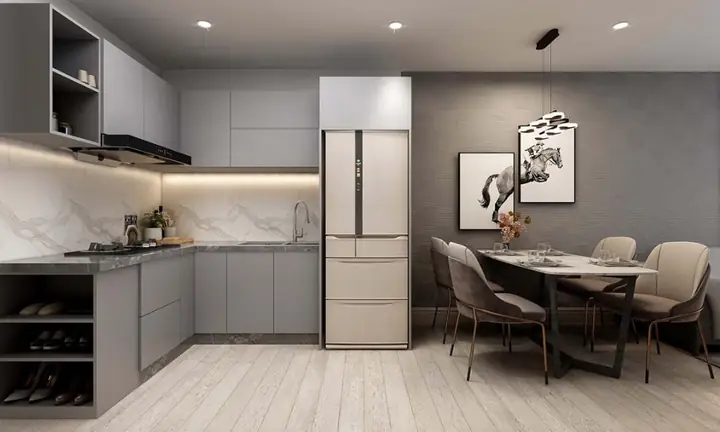 Mẫu tủ bếp chung cư chữ L hiện đại